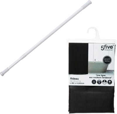 5Five Douchegordijn met ringen - zwart - polyester - 180 x 200 cm - incl ophangstang uitschuifbaar 70-120 cm
