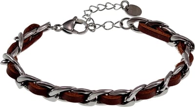 18cm tot 23cm x 7,5mm Cubaanse Armband Dames - RVS Zilverkleur - Schakelsarmband met Bruin Leer - Verstelbaar