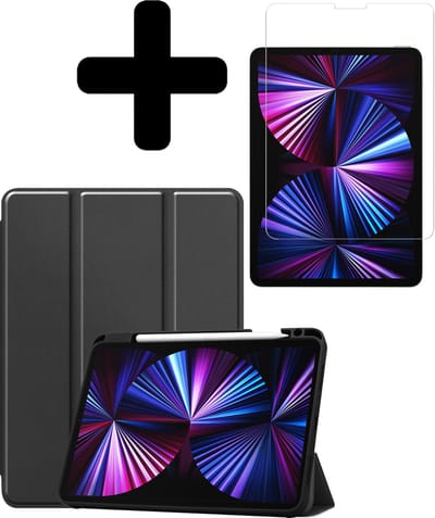 Hoesje - Geschikt voor Apple iPad Pro (2021) - 11 inch - 3e generatie - Met Screenprotector - Trifold Bookcase Hoes - Hard Cover Case - Met Uitsparing Geschikt voor Apple Pencil - Hardcover Book - Tablethoes - Zwart