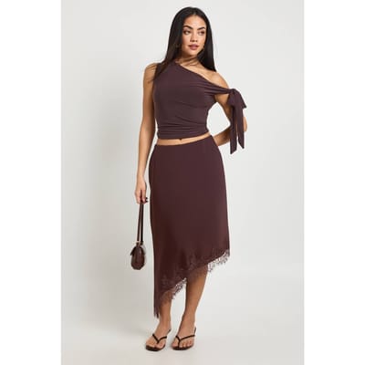 boohoo Dames Kanten Asymmetrische Zoom Satijnen Midi Rok | Chocolate | Maat: 12