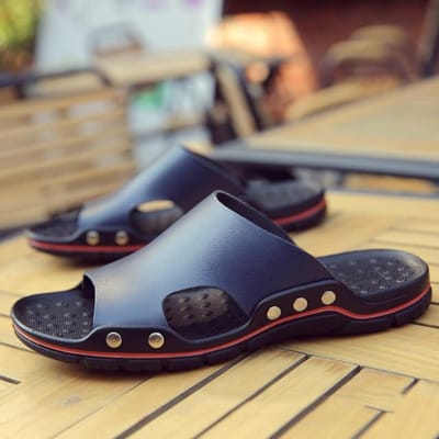 Echte Koe Lederen Slippers Paar Outdoor Antislip Mannen Vrouwen Home Fashion Casual Enkele Schoenen PVC Zachte Zolen Lente Zomer 38 donkerblauwe kleur