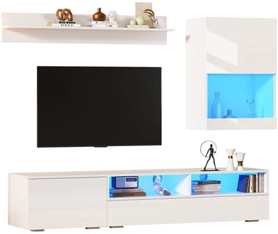 Merax TV-meubelset met Vitrine en Wandplank – Woonwand 3-delig - TV-kast met LED en Hoogglans - Staand of Hangend - Wit - Tot 80 inch TV