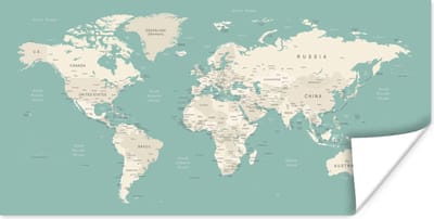 Muurdecoratie - Wereldkaart - Staatkundig - Turquoise - 80x40 cm - Poster
