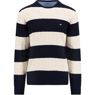 Fynch-Hatton Trui O-Neck Superfine Cotton Striped Cable Knit Navy-Off White / male