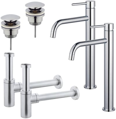 FugaFlow Eccelente Sobrado Badkamer Slim Wastafelkraanset - voor dubbele wastafel - verhoogde wastafelkraan - klikwaste plug - design sifon - Chroom