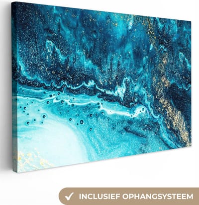 Canvas schilderij 150x100 cm - Wanddecoratie Marmerlook - Blauw - Goud - Luxe - Glitter - Marmer - Muurdecoratie woonkamer - Slaapkamer decoratie - Kamer accessoires - Schilderijen op canvas