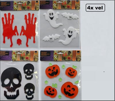 4x Vel gel raamstickers assortie - geleverd in 4 verschilende designs - Griezel horror carnaval thema feest party
