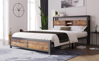 REDOM Bedframe 140x200 cm van metaal & MDF – Met opberg-hoofdbord en ruimte onder bed – Natural
