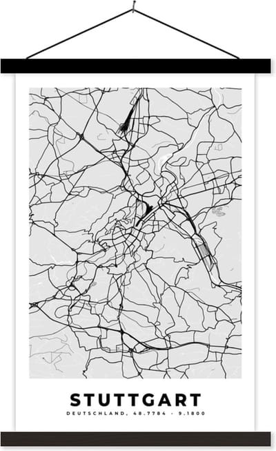 Posterhanger incl. Poster 40x60 cm - Schoolplaat - Duitsland - Stadskaart - Plattegrond - Stuttgart - Kaart - Textielposter - Zwarte latten - Stadskaart