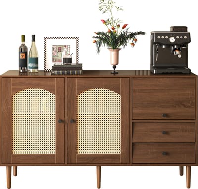 Dressoir - 130x40x75,5 cm - Landelijk Dressoir Met Rattan Deuren - Verstelbare Legplanken - Spaanplaat - Houtkleur