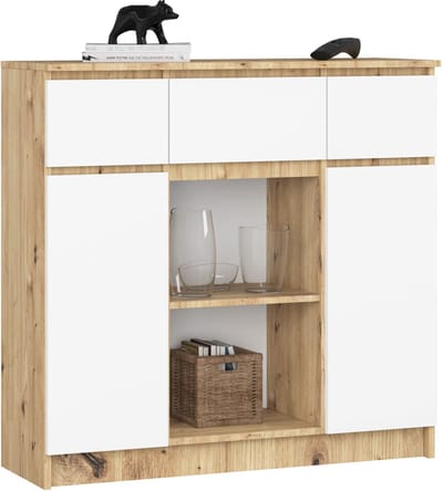 Ladekast K100 met 3 Lades, 2 Deuren en 1 Plank / AKORD Furniture Factory / Artisan Eik - Wit / 101 x 98 x 35 cm