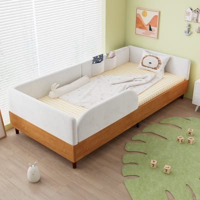 Zacht Kinderbed - 90x200 Cm Wit Met Fluweel En Hout, 2 Opbergtassen En Anticollision Schuimrand - Veilig En Stevig