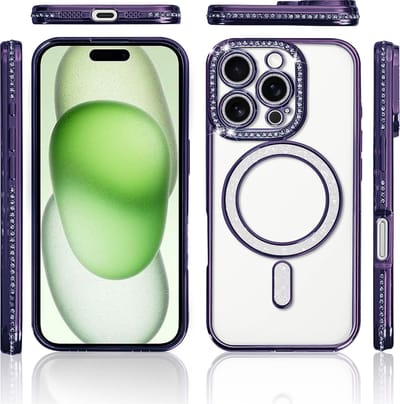 Hoesje Geschikt voor iPhone 15 Magsafe hoes Lens beschermer Paars – Luxe bling sprankelende diamant backcover