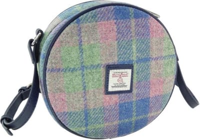 Schoudertas Bannock Zacht Blauw met Roze - Rond - Ritssluiting - Harris Tweed - Glen Appin of Scotland