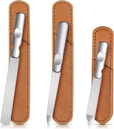 Set van 3 Rvs Vijlenset Dubbelzijdige Professionele Nagelvijlen met Antislip Handvat en Natuurlijke Leren Tas voor Manicure en Cosmetica voor Mannen en Vrouwen