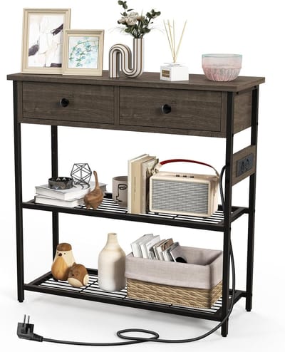 COSTWAY Consoletafel met laadstation, haltafel met 2 laden en 2 metalen roosterplanken, met stopcontacten en USB & TypeC-aansluitingen, bijzettafel vintage