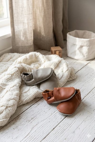 Stabifoot Babyslofjes – Zacht Leer – Cadeaudoos - Linnen zakje - Barefoot - COGNAC 12 - 18