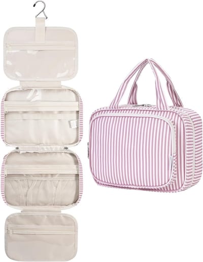 Famanu – Toilettas voor dames - om op te hangen - grote toilettas - cosmeticatas - cosmetica-organizer voor dames en meisjes - Y-oudroze strepen (medium) - Medium