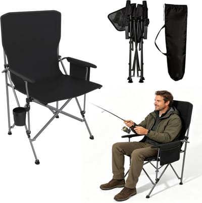 Opvouwbare Visstoel Met Drankhouder & Zijzak - Fischersessel Met Armleuningen - Lichtgewicht Campingstoel - Voor Vissen, Camping, Picknick & Tuin - Zwart - NAIZY