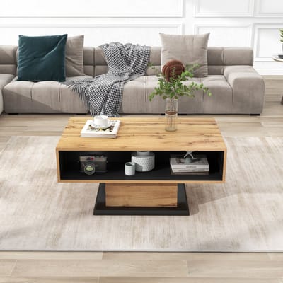 Wishdor Salontafel eikenlook zonder grepen met dubbele opbergruimte, lade en open vak | 100 × 47 × 60 cm, melamine