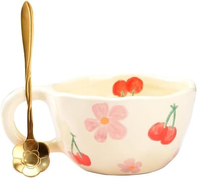 Handgemaakte Kawaii Theekop met Lepel, Creatieve Bloem Motief, Aesthetic Melk Mok, 250ml, Perfect als Cadeau voor Vrouwen en Cappuccino Liefhebbers