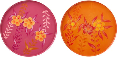 J-Line decoratie plateau Bloemen - metaal - roze/oranje - set van 2