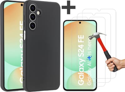 Hoesje geschikt voor Samsung Galaxy S24 FE hoesje zacht siliconen met 3 Stuks gehard glas Screenprotectors- Arara backcover - Zwart