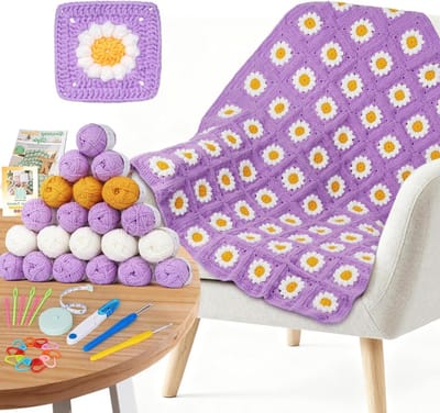 Granny Square Haakset voor Beginners met Paarse Madeliefjes - Compleet en Gebruiksvriendelijk voor Creatieve Projecten