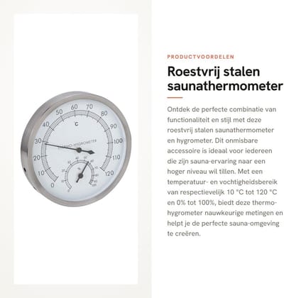 Dailygoods- Saunathermometer 2-in-1 - Hygrometer - Roestvrij Staal - Temperatuurbereik 10-120 °C - Vochtbereik 0-100% - Afmetingen 12,5 x 12,5 cm