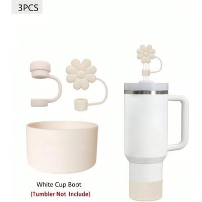 Siliconen Paddenstoelkop Rietje Dop Chrysant Drie Delig Set Bloem 10mm Rietje Stofkap Bekerhoes Beige 3pcs