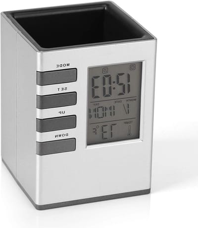 JTLB Multifunctional Alarm Clock, Digital LED LCD Screen with Temperature, Alarm Clock Pen Holder Pouch with LED Night Light, Temperature Display, Pen Holder, Silent Operation for Best