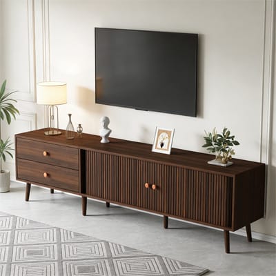 MODENUIT Tv-Meubel - 2 Laden En 2 Roldeuren - Voor Woonkamer - MDF Walnootkleur - 180x40x46,5 Cm - Tot 80 Inch