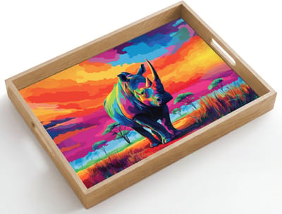 Dienblad hout 50x35 cm - Schootdienblad - Neushoorn - Zonsondergang - Savanna - Kleurrijk - Borrelplank rechthoek - Plateau dienbladen