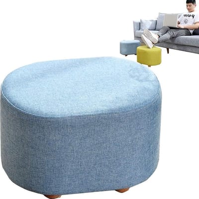 Ronde Poef - Voetenbankje - Ontspannen Zitten - Massief Houten Poten - 40x30x27cm - Blauw