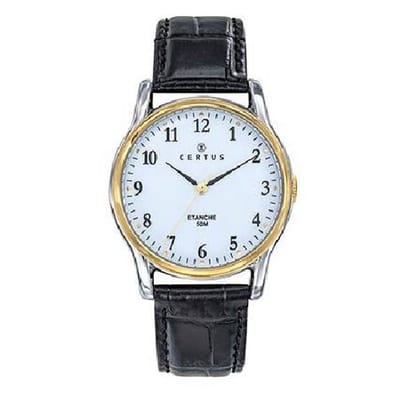 Certus-model 611313-Herenhorloge-Bicolor-50 m waterdicht-zwart leder-diameter 35mm-duidelijke wijzerplaat-gemaakt in Frankrijk