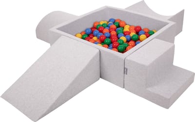 KiddyMoon Schuimspeelplaats met vierkant Ballenbad - ∅ 7cm 300 Ballen - Ballenbak Ballen Voor Baby's Foam - Speelplaats met Helling Halve Cilinder Wig en Trapjes - Ballenbak schuim voor kinderen - Lichtgrijs: Geel Groen Blauw Rood Oranje