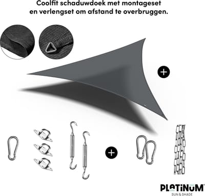 Platinum Sun & Shade - Coolfit - Schaduwdoek – Driehoek - 360x360x360cm – Antraciet – Inclusief bevestigingsmateriaal - 5 jaar garantie op het doek - 95% UV protectie – Hoogwaardig Sterk geweven 285 g/m² - Hoge kleurechtheid
