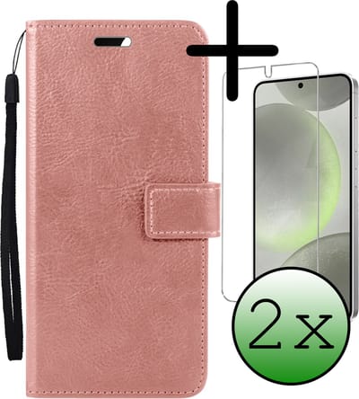 Hoesje Met 2x Screenprotector - Geschikt voor Samsung Galaxy S24 Plus - Luxe Pasjeshouder - Bookcase Portemonee - Flip Case - Kunstleer Book Case - Flipcase Hoes - Book Cover - Walletcase - Portemonneehoes - Rosé goud