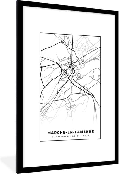 Fotolijst incl. Poster Zwart Wit- België – Marche en Famenne – Stadskaart – Kaart – Zwart Wit – Plattegrond - 80x120 cm - Posterlijst