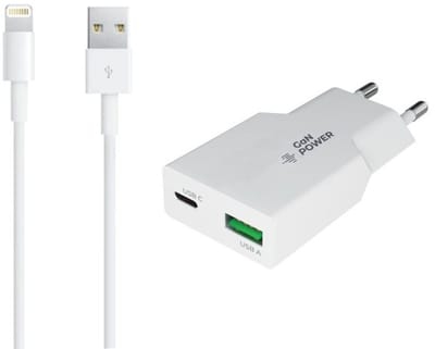 OneOne 20W Lader met USB A en C poort + 1,0m OneOne USB A naar Lightning kabel. USB C voor snelladen. PD PPS lader. GAN oplader adapter past op Apple iPhone XR, iPhone XS, iPhone XS Max, iPhone 10, iPhone 11, 11 Pro, 11Pro Max
