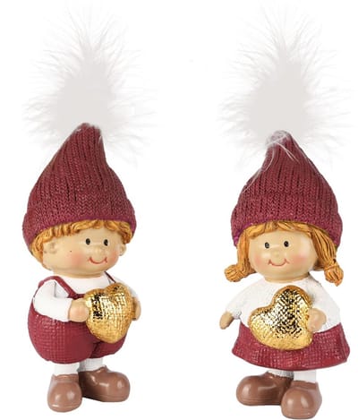 Dekoratief | Winterkindje staand m/hartje, wit/bordeaux, resina, 5x5x12cm, set van 2 stuks | A255254