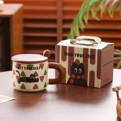 Kattenmok met Deksel Lepel Hoge Waarde Kop Keramiek Meisje Huis Waterbeker Kantoor Koffiekop Souvenir 400ml