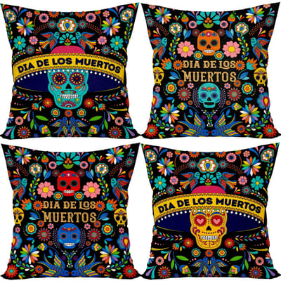 Set van 4 Day of The Dead Kussenslopen Dia De Los Muertos Sierkussenhoes Mexicaanse Schedel Goudbloemen Bloemen Kussensloop 12x18 45x45cm