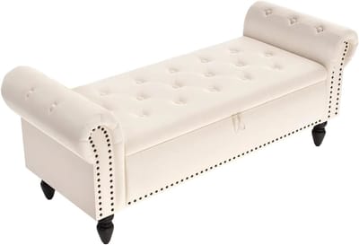 LUMÈ STORE Opbergbank Fluweel – Poef met Opbergruimte en Klep – Zitbank - Halbank – 130 cm - Gestoffeerde Ottomaanse Bank – Beige