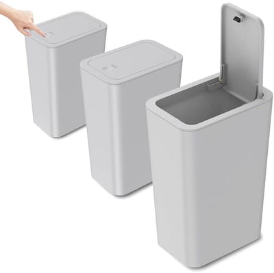 Narrow 10L Afvalbak met Deksel - Geurvrije Prullenbak voor Keuken, Badkamer en Kantoor - Set van 3 Stuks in Grijs