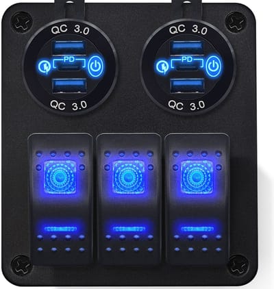 ProRide Schakelpaneel 12V voor Auto/Boot - USB/USB C Stopcontact 6 Poorten met schakelaar - QC3.0 - 3 schakelaars - Blauw