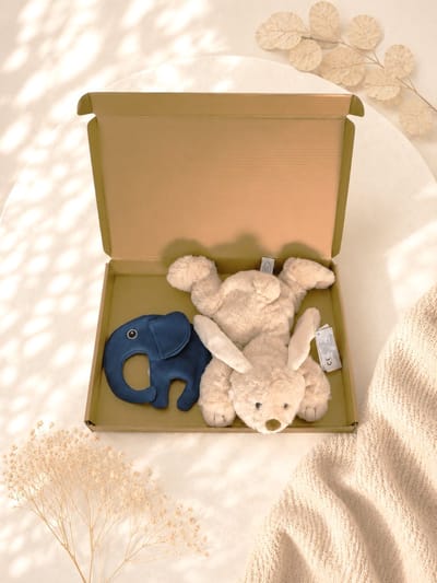 Kraamcadeau Baby – blauw – beige – Knuffel & Speenkoord – Luxe Cadeauset – Past door de Brievenbus – baby jongen – kraampakket – babyshower – geschenkset