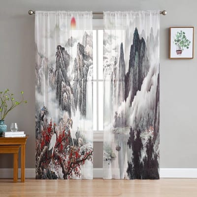 Landschap Inkt Schilderij Chinese Stijl Transparante Tule Gordijnen Voor Woonkamer Slaapkamer Keuken Sluier Gordijn Huisdecoratie W135 x H114cm