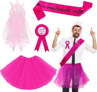 4-delige JGA Outfit voor Mannen, Kostuumset voor Heren, Tutu, Sjerp, Badges en Hoofdband voor Herenfeest en Bruiloft