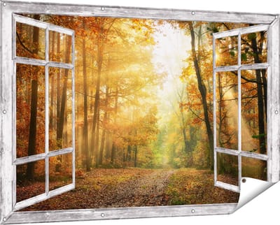 Gards Tuinposter Doorkijk Herfstbos met Zonneschijn - 150x100 cm - Tuindoek - Tuindecoratie - Wanddecoratie buiten - Tuinschilderij